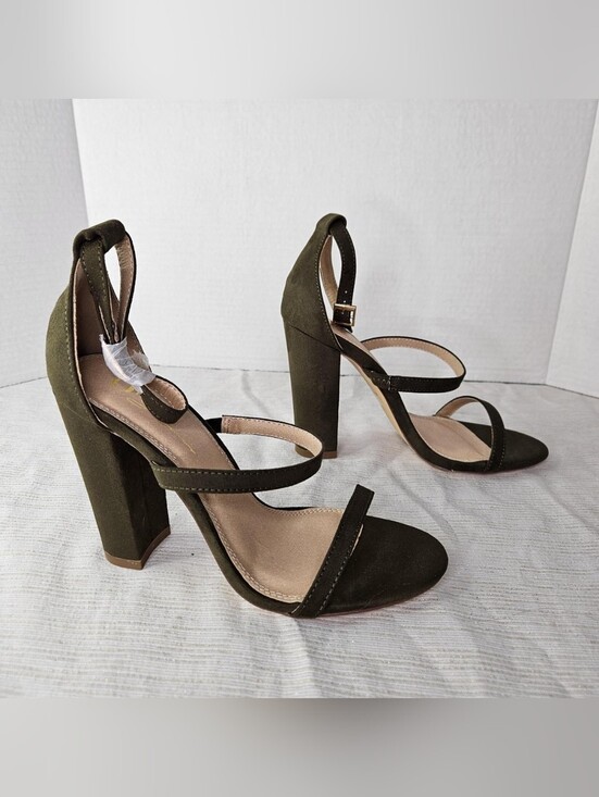 Olivia Ferguson Shoes - Women’s Olive Suede Strappy Block Heel Sandals with Ankle Strap